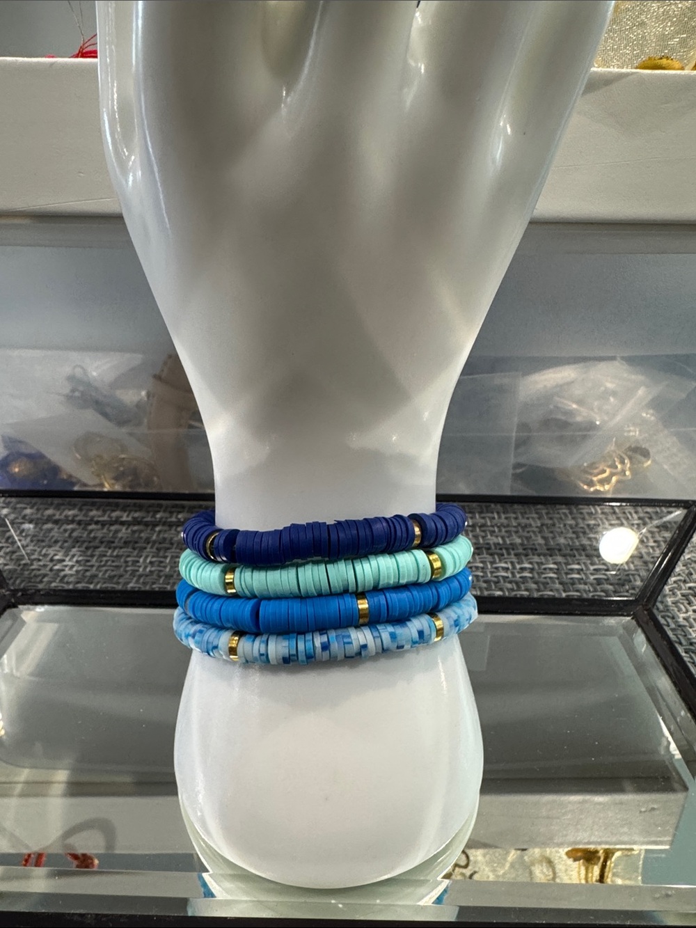 Stacked Blue Heishi Bead Stretch Bracelet Set